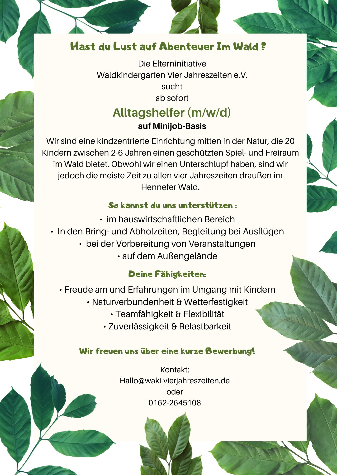 Alltagshelfer gesucht! -Waldkindergarten Vier Jahreszeiten e.V. Hennef